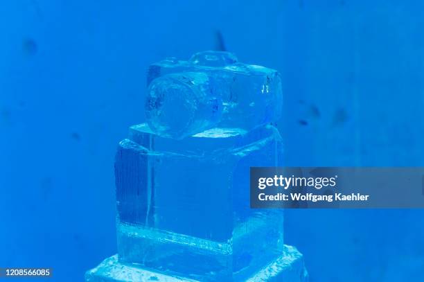 Ice sculptures made by tourists during an ice sculpting class at the ICEHOTEL 365 which was launched in 2016 and is a permanent structure offering...