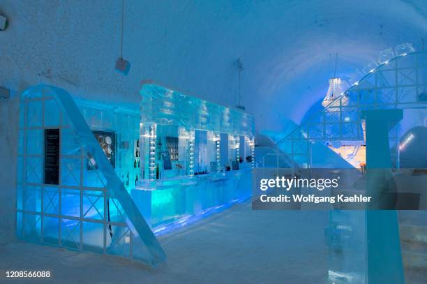 The Icebar at the ICEHOTEL 365 which was launched in 2016 and is a permanent structure offering year round the stay in the Icehotel in Jukkasjarvi...