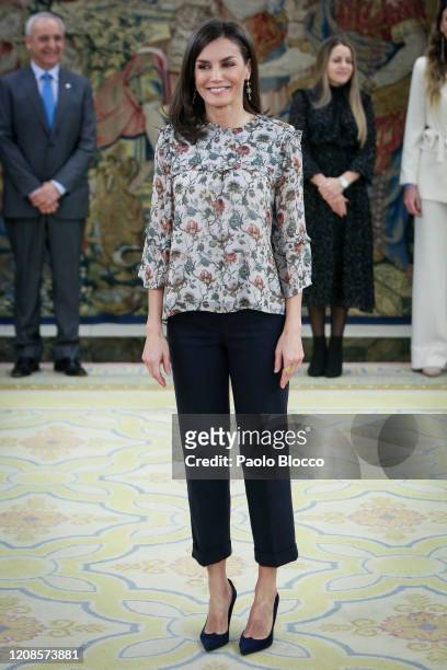 Queen Letizia of Spain attends several audiences at Zarzuela Palace on February 25, 2020 in Madrid, Spain.