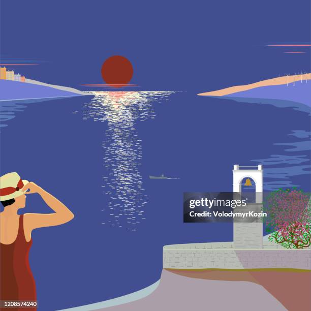 vector illustration of a hot night on the coast with a view of the bell tower - wind farm sea stock illustrations
