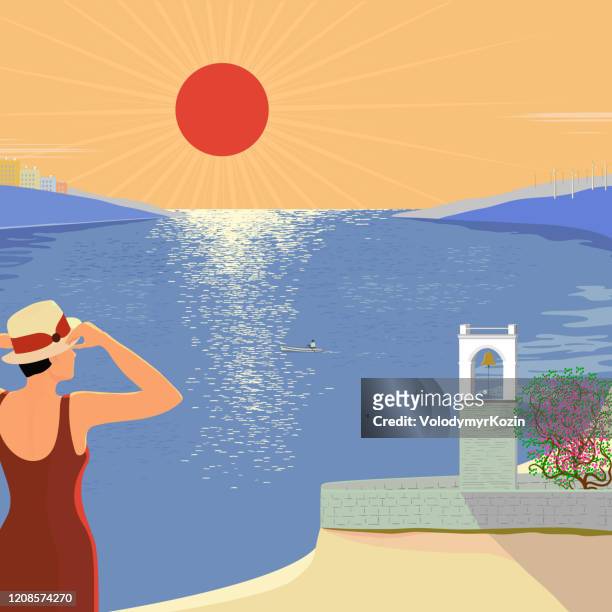 illustrations, cliparts, dessins animés et icônes de illustration de vecteur d’une journée chaude au bord de la mer avec une vue du clocher - mer montagne