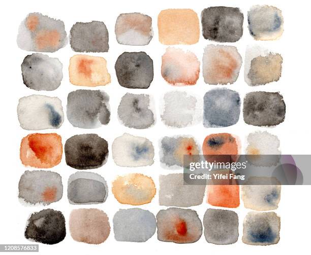 abstract painting of stone-like brown and orange squares - watercolour orange and black stockfoto's en -beelden