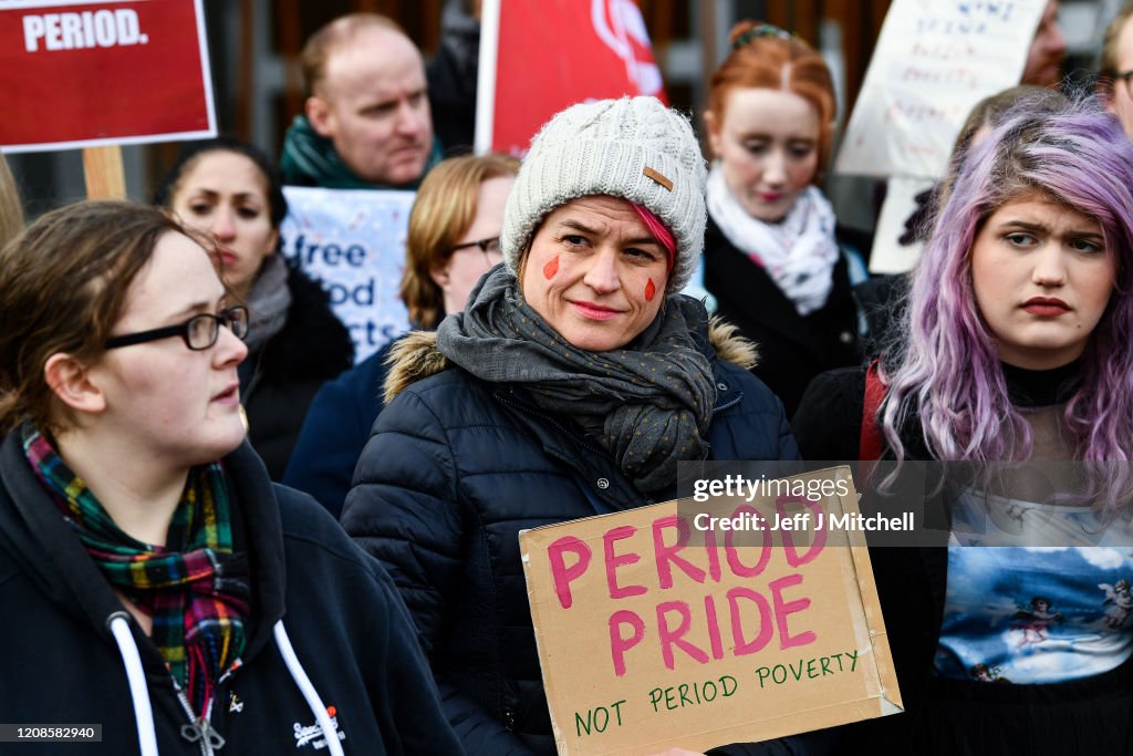 Rally Outside Parliament To Support Free Provision Of Period Products In Scotland
