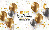 Vector happy birthday horizontal illustration with 3d realistic golden and silver air balloon on white background with text and glitter confetti.