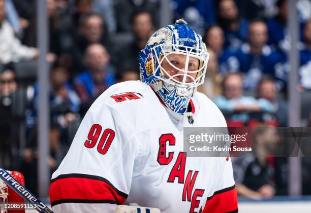 Emergency backup goaltender Dave Ayres of the Carolina Hurricanes looks on against the Toronto Maple Leafs during the second period at the Scotiabank...