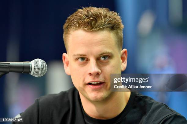 Joe Burrow #QB02 of LSU interviews during the first day of the NFL Scouting Combine at Lucas Oil Stadium on February 25, 2020 in Indianapolis,...