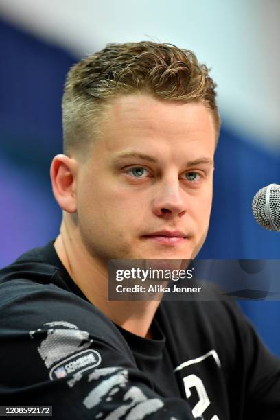 Joe Burrow #QB02 of LSU interviews during the first day of the NFL Scouting Combine at Lucas Oil Stadium on February 25, 2020 in Indianapolis,...