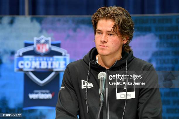 Justin Herbert #QB07 of Oregon interviews during the first day of the NFL Scouting Combine at Lucas Oil Stadium on February 25, 2020 in Indianapolis,...