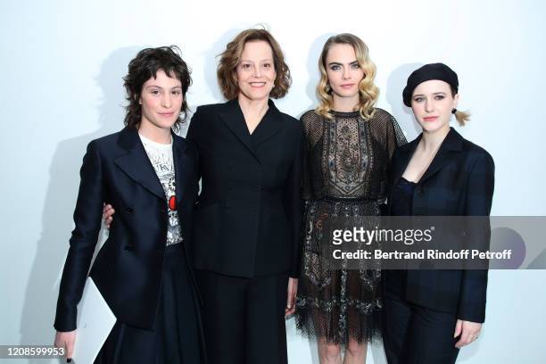 Charlotte Simpson, her mother Sigourney Weaver, Cara Delevingne and Rachel Brosnahan attends the Dior show as part of the Paris Fashion Week...
