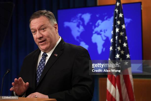 Secretary of State Mike Pompeo speaks during a news briefing at the State Department February 25, 2020 in Washington, DC. Secretary Pompeo discussed...