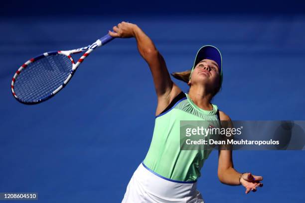 Sofia Kenin of USA serves against Dayana Yastremska of Ukraine during Day 3 of the WTA Qatar Total Open 2020 at Khalifa International Tennis and...