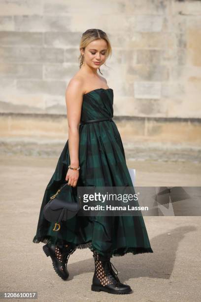 Lady Amelia Windsor wearing Dior dress, Dior saddle bag, Dior boots outside the Dior show as part of the Paris Fashion Week Womenswear Fall/Winter...