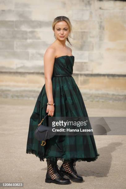 Lady Amelia Windsor wearing Dior dress, Dior saddle bag, Dior boots outside the Dior show as part of the Paris Fashion Week Womenswear Fall/Winter...