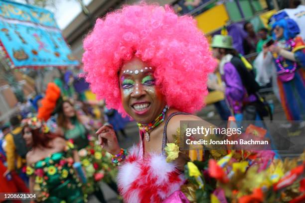 Member of the Mondo Kayo Social and Marching Club parades down St. Charles Avenue during Fat Tuesday celebrations on February 25, 2020 in New...