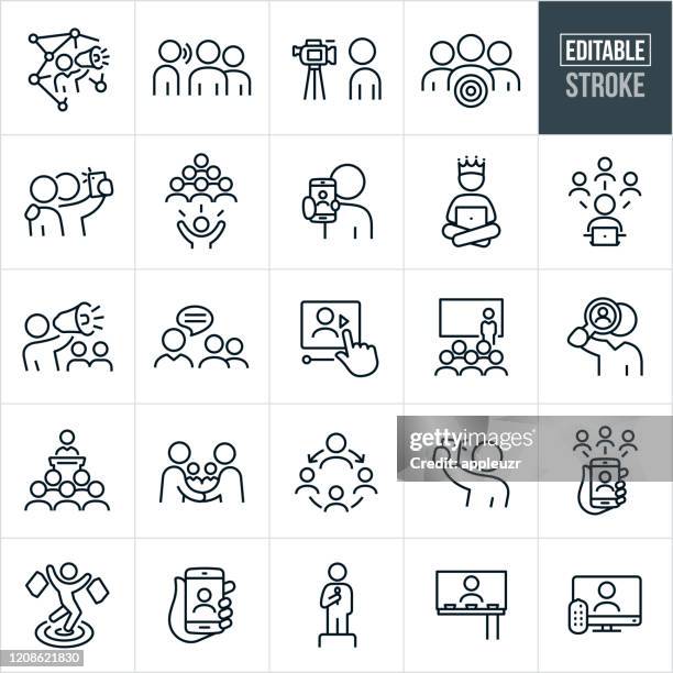 ilustraciones, imágenes clip art, dibujos animados e iconos de stock de iconos de línea fina de marketing de influencer - trazo editable - asamblea