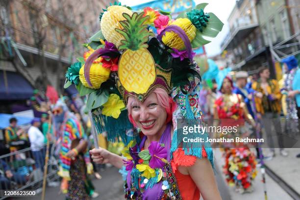 Member of the Mondo Kayo Social and Marching Club parades down St. Charles Avenue during Fat Tuesday celebrations on February 25, 2020 in New...