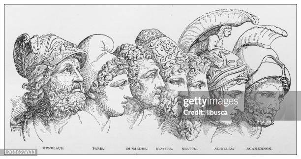 antique illustration of important people of the past: menelaus, paris, diomedes, ulysses, nestor, achilles, agamemnon - achilles stock illustrations