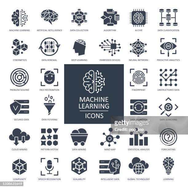 illustrazioni stock, clip art, cartoni animati e icone di tendenza di icone glifo di machine learning - vettore - cervello