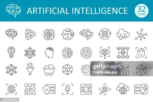 artificial intelligence line icons - vector - deep learning icon stock illustrations