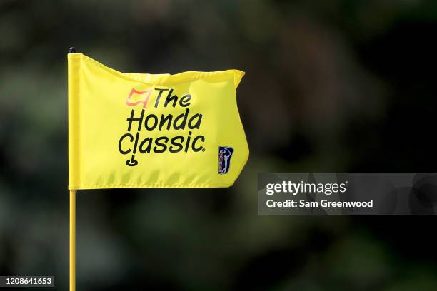 Hole flag as seen during a practice round prior to the Honda Classic at PGA National Resort and Spa on February 25, 2020 in Palm Beach Gardens,...