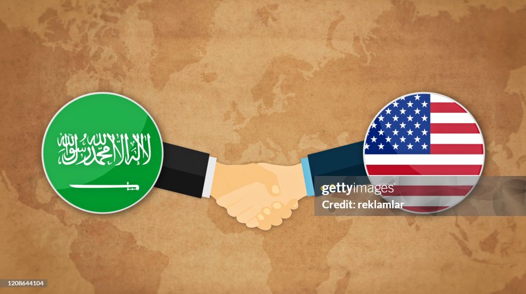 Arabia and Usa handshake, international friendship Cartoon