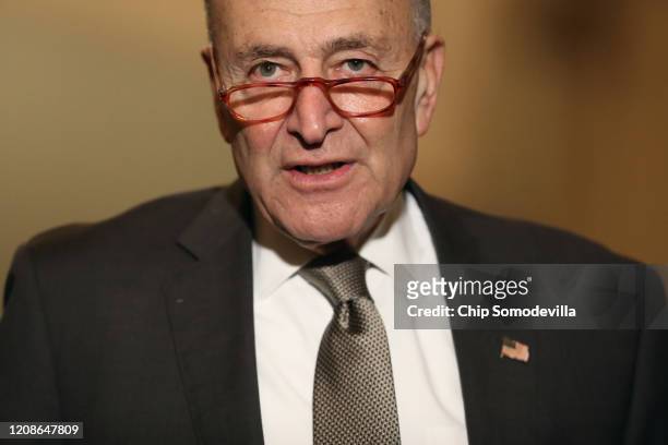 Senate Minority Leader Charles Schumer talks to reporters following the weekly Democratic policy luncheon at the U.S. Capitol February 25, 2020 in...