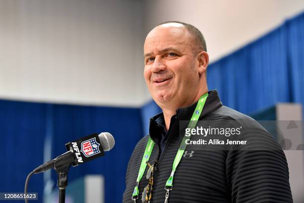 Head coach Bill O'Brien of the Houston Texans interviews during the first day of the NFL Scouting Combine at Lucas Oil Stadium on February 25, 2020...