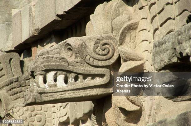 feathered serpent serpent head in the temple of the feathered serpent in the archaeological aztec site of teotihuacan - azteca fotografías e imágenes de stock