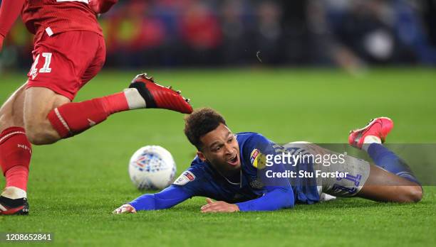 Cardiff player Josh Murphy appeals for a penalty after a challenge by Matty Cash which is not given during the Sky Bet Championship match between...