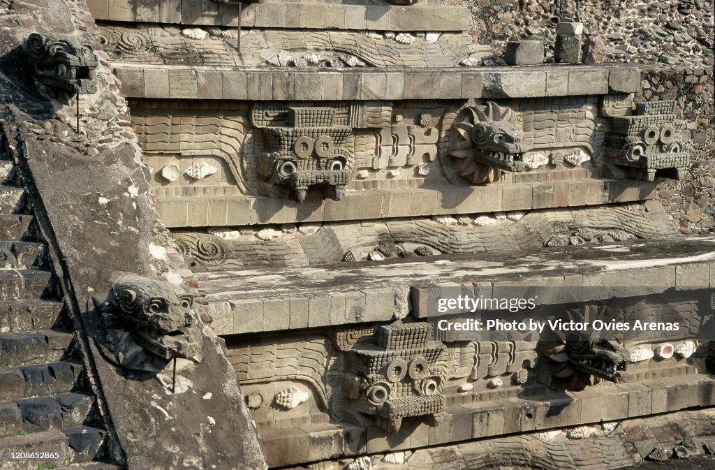 Detail of the Temple of the Feathered Serpent showing alternating "Tlaloc" and feathered serpent heads in the archaeological Aztec site of Teotihuacan