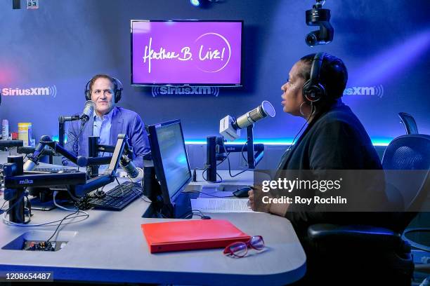 Mark Cuban with host Heather B. Gardner as he visits "Heather B Live" with host Heather B. Gardner at SiriusXM Studios on February 25, 2020 in New...