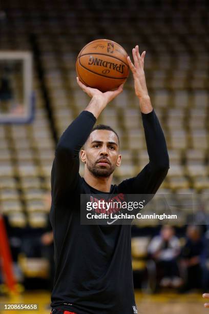 Thabo Sefolosha of the Houston Rockets warms up before the game against the Golden State Warriors at Chase Center on February 20, 2020 in San...