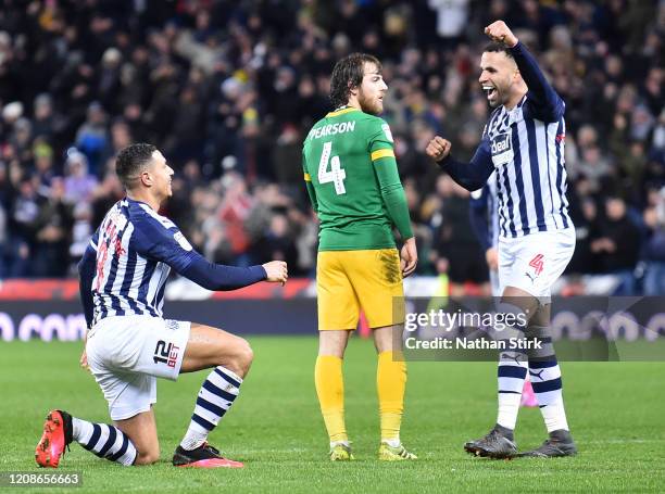 Jake Livermore of West Bromwich Albion celebrates with teammate Hal Robson-Kanu of West Bromwich Albion after scoring his teams second goal during...