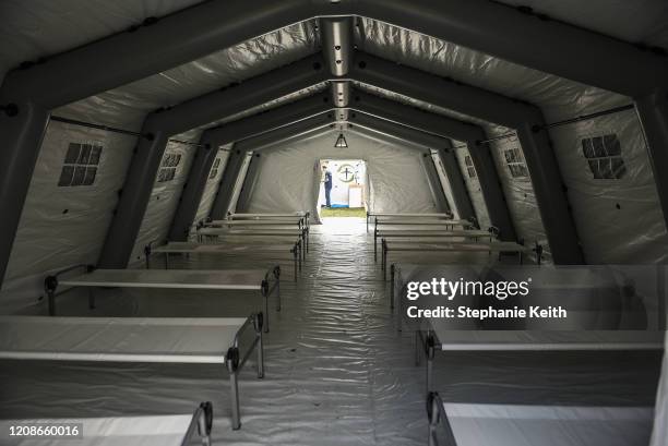 Tent with hospital beds is seen in an emergency field hospital to aid in the COVID-19 pandemic in Central Park on March 30, 2020 in New York City....