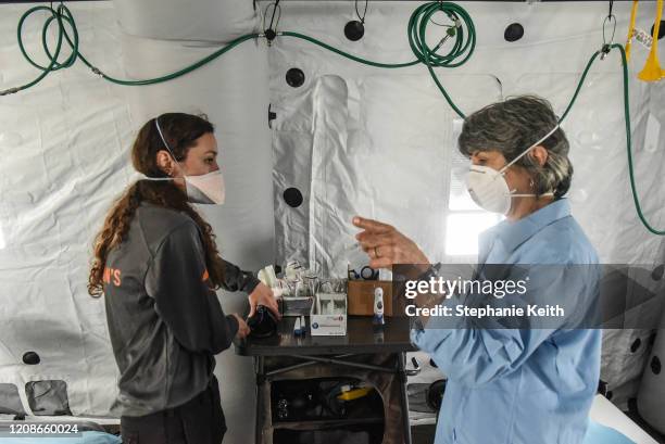 People set up hospital beds in an emergency field hospital to aid in the COVID-19 pandemic in Central Park on March 30, 2020 in New York City. The...