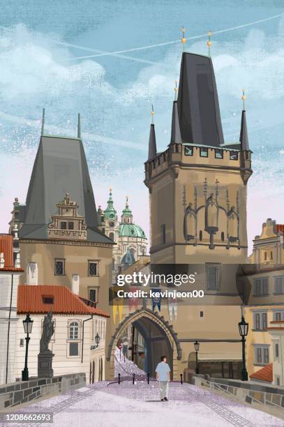 charles bridge and the skyline of prague, czech republic - charles bridge stock illustrations