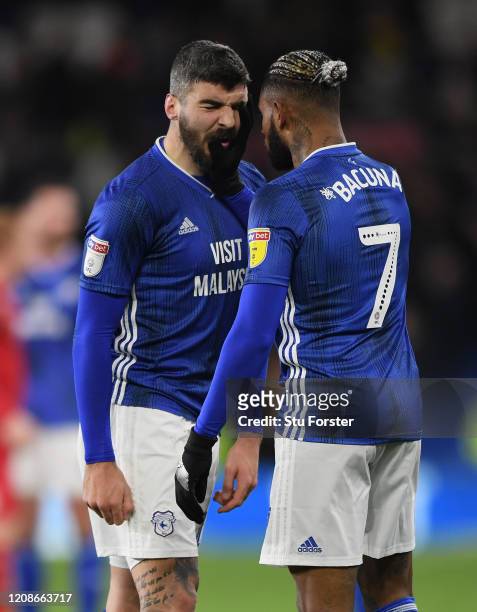 Cardiff players Callum Paterson and team mates Leandro Bacuna go head to head at the final whistle after the Sky Bet Championship match between...