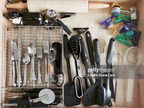 high angle view of open cutlery drawer - kitchen utensil stock pictures, royalty-free photos & images