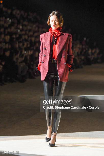 Freja Beha Erichsen walks the runway during the Saint Laurent show as part of the Paris Fashion Week Womenswear Fall/Winter 2020/2021 on February 25,...