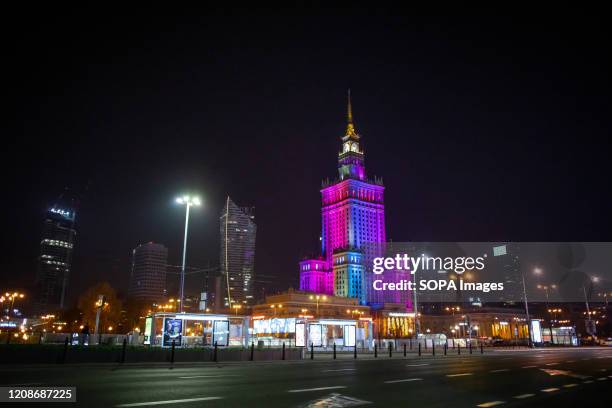 View of a deserted Marszalkowska street, Zlota 44 skyscraper and the Palace of Culture and Science in Warsaw during the coronavirus outbreak. The...