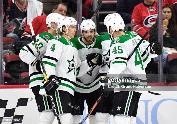 Tyler Seguin of the Dallas Stars celebrates after scoring a goal against the Carolina Hurricanes during the first period at PNC Arena on February 25,...