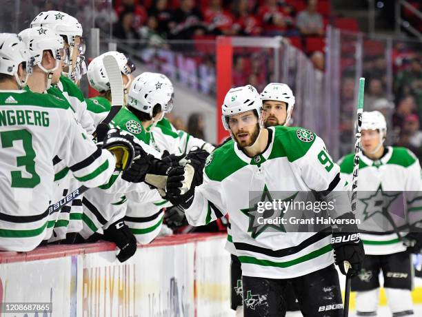 Tyler Seguin of the Dallas Stars celebrates after scoring a goal against the Carolina Hurricanes during the first period at PNC Arena on February 25,...