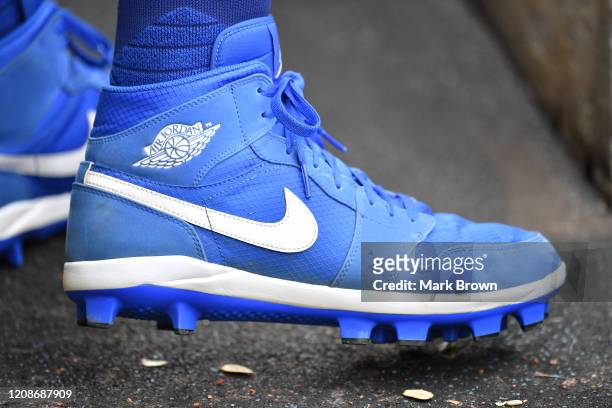 Detailed view of the Nike Air Jordan cleat worn by Nick Podkul of the Toronto Blue Jays during the spring training game against the Philadelphia...