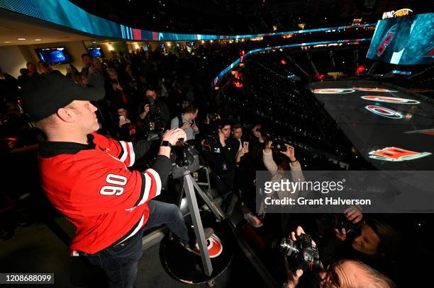 Dave Ayres sounds the warning siren during the game between the Dallas Stars and Carolina Hurricanes at at PNC Arena on February 25, 2020 in Raleigh,...