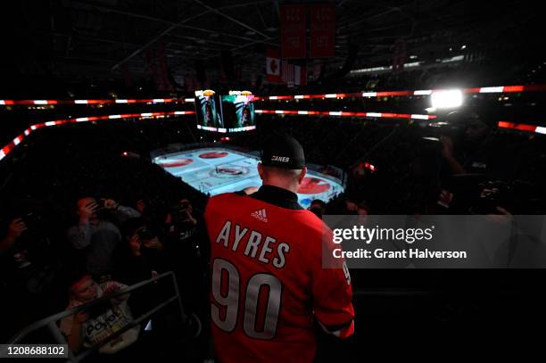 Dave Ayres sounds the warning siren during the game between the Dallas Stars and Carolina Hurricanes at at PNC Arena on February 25, 2020 in Raleigh,...