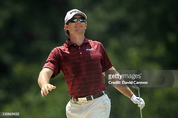 Marty Jertson plays his fourth shot on the third hole during the first round of the 93rd PGA Championship at the Atlanta Athletic Club on August 11,...