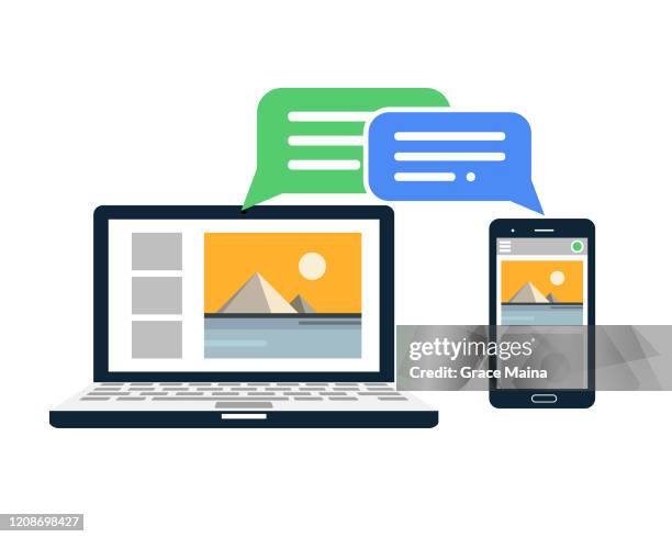 communication speech bubble between laptop computer and a smartphone chatting online vector illustration - interactive content stock illustrations