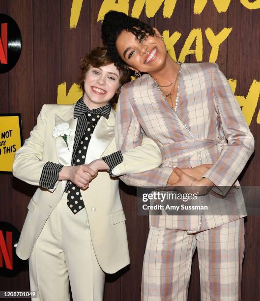 Sophia Lillis and Sofia Bryant attend Netflix's "I Am Not Okay With This" Photocall at The London West Hollywood on February 25, 2020 in West...