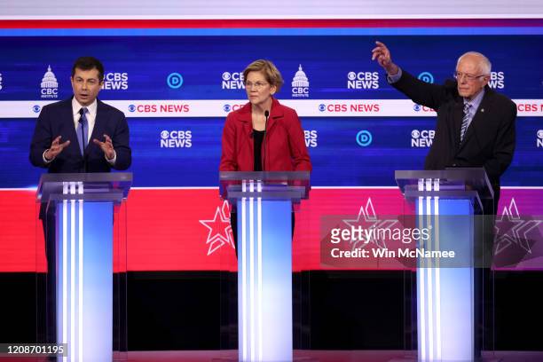 Democratic presidential candidates former South Bend, Indiana Mayor Pete Buttigieg, Sen. Elizabeth Warren , and Sen. Bernie Sanders participate the...