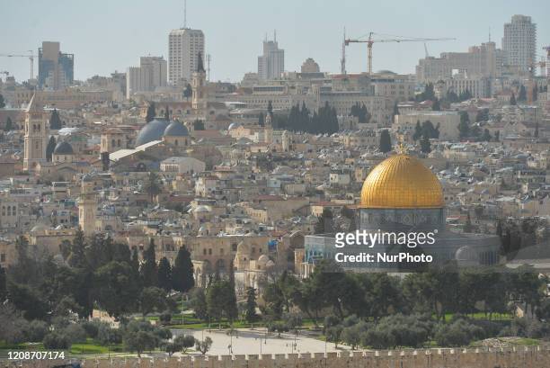 View of Jerusalem Old City with the Church of the Holy Sepulchre and the Dome of the Rock. On Wednesday, March 11 in Jerusalem, Israel.